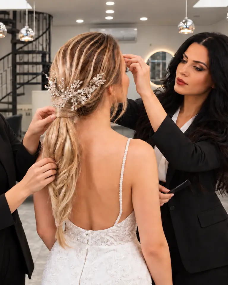 Brautstyling: Eine Stylistin steckt Haarschmuck in die geflochtene Brautfrisur